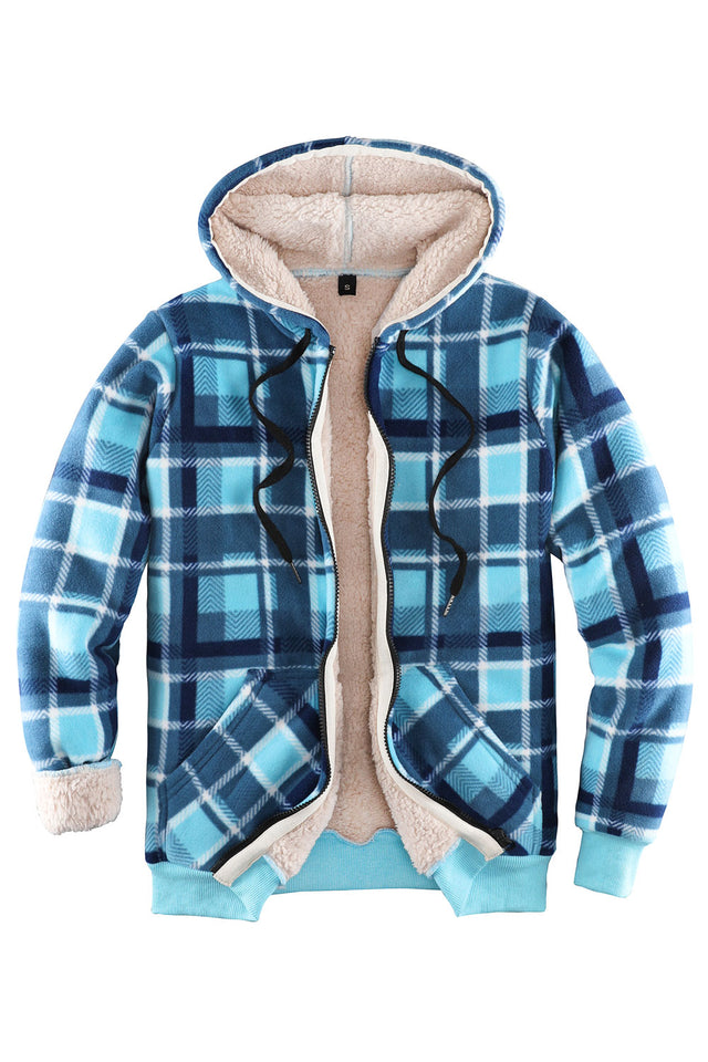 Front view of a women's blue zip up sherpa lined plaid jacket with hood