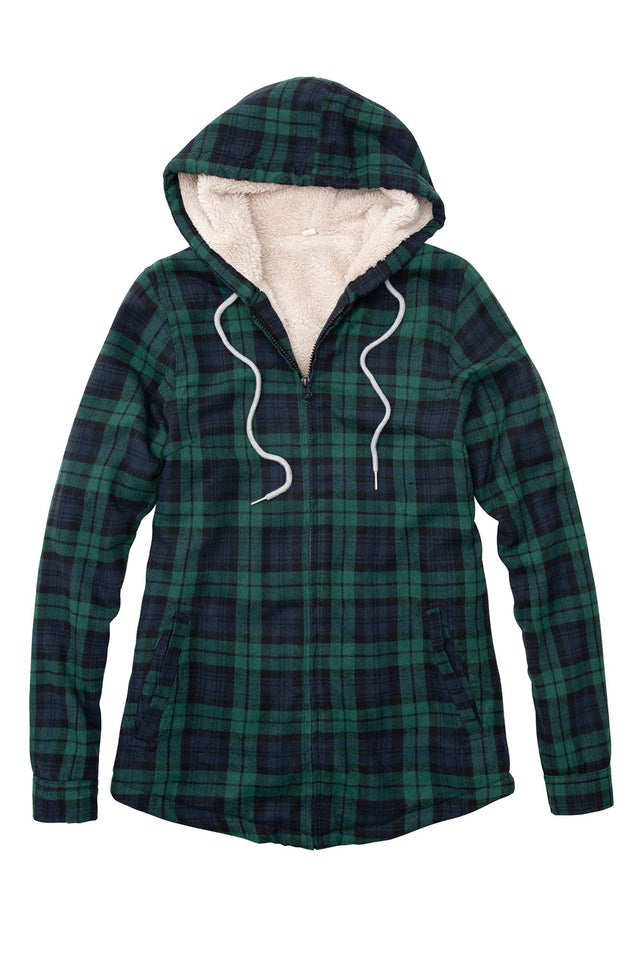 Front view of a womens green black full zip up jacket hooded with sherpa lined