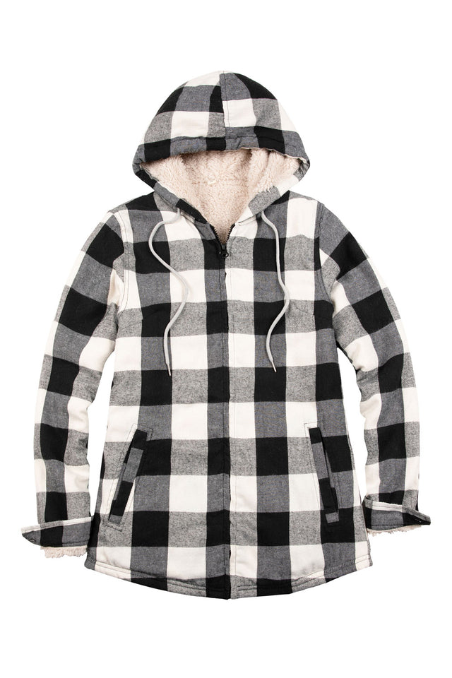 Front view of a womens black plaid warm sherpa lined hooded jacket