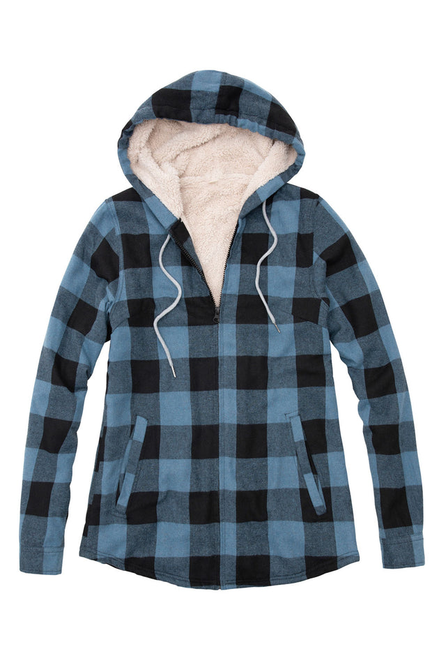 Front view of a womens checkered blue black warm sherpa lined hooded jacket