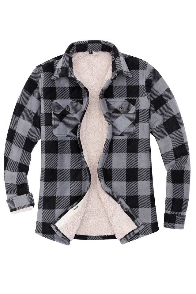 Front view of a womens black and gray button up plaid shacket with sherpa lined