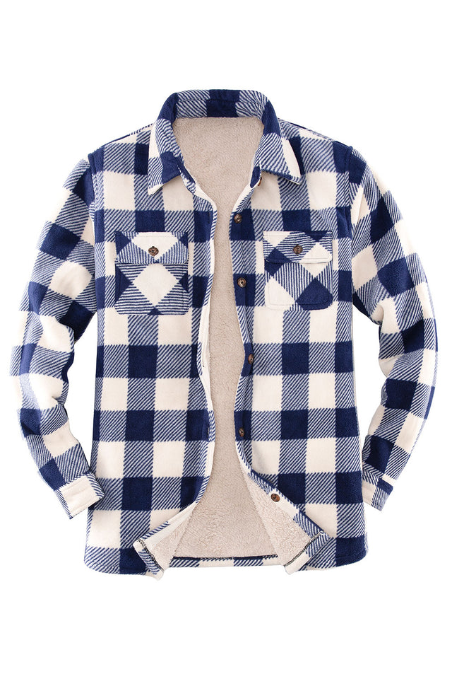 Front view of a womens navy white sherpa-lined plaid shirt jacket