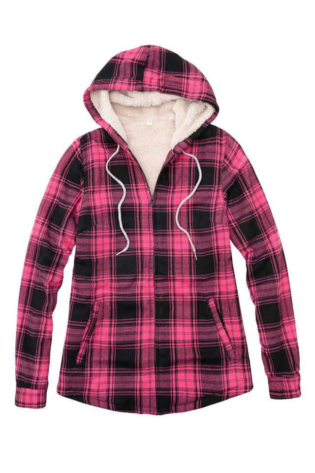 Front view of a womens pink full zip up jacket hooded with sherpa lined