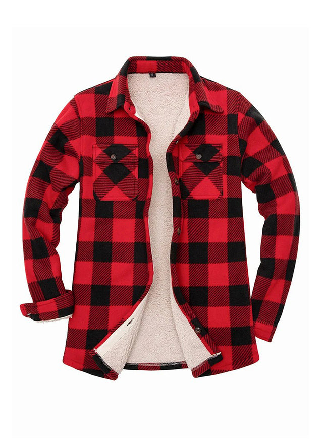 Front view of a women's red black button-up fleece jacket with sherpa lining