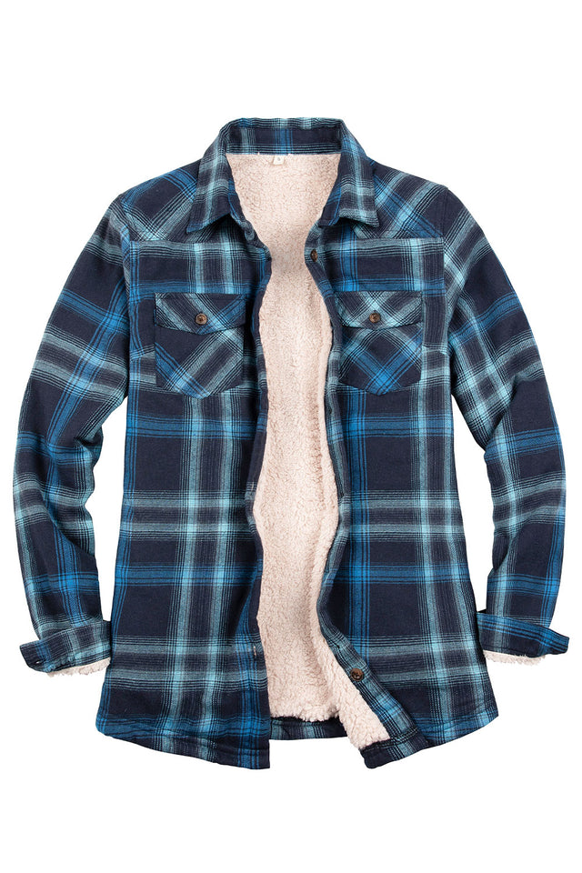 Front view of women's Blue Navy warm flannel shacket with sherpa lined