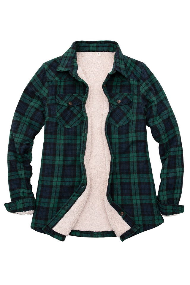 Front view of women's black watch warm sherpa-lined plaid flannel jacket