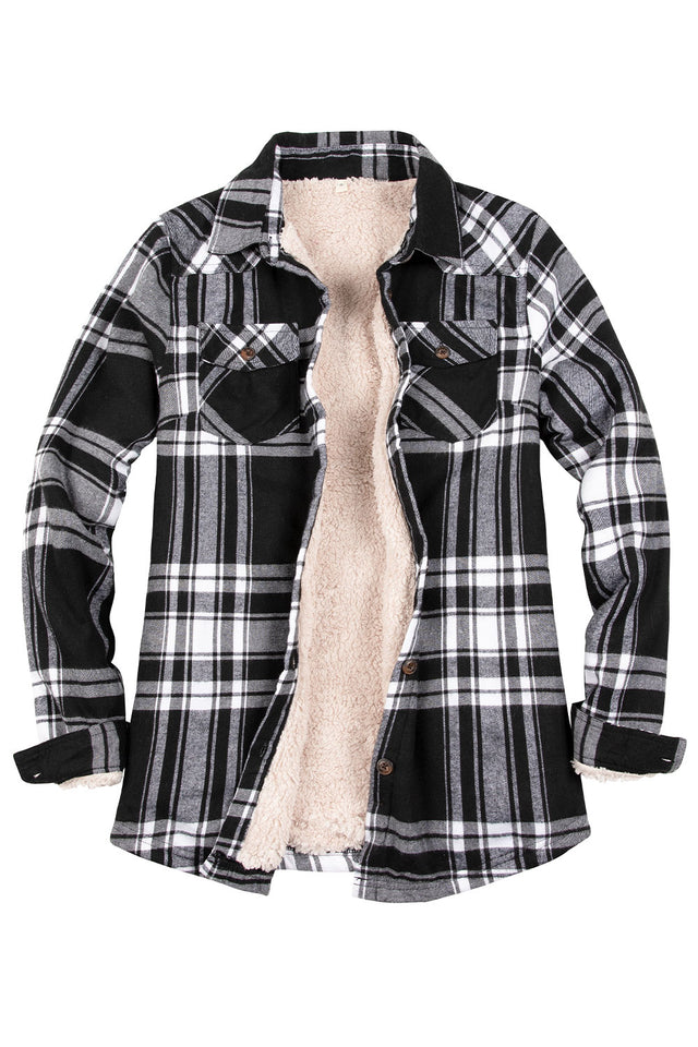 Front view of women's black white warm sherpa lined flannel shirt jacket