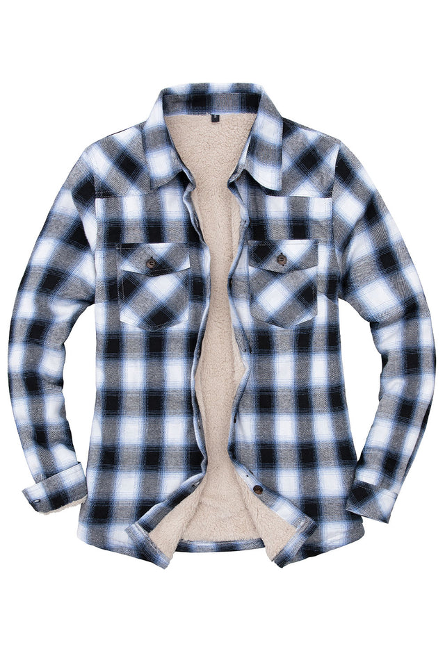 Front view of women's blue and white winter sherpa-lined flannel shacket