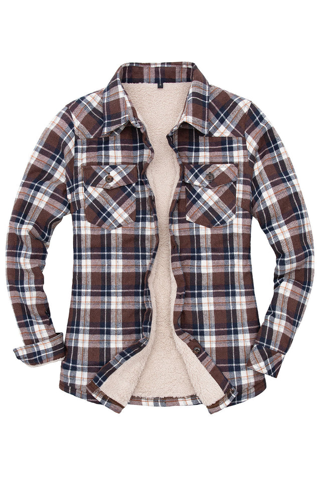 Front view of women's brown white winter sherpa-lined flannel shacket