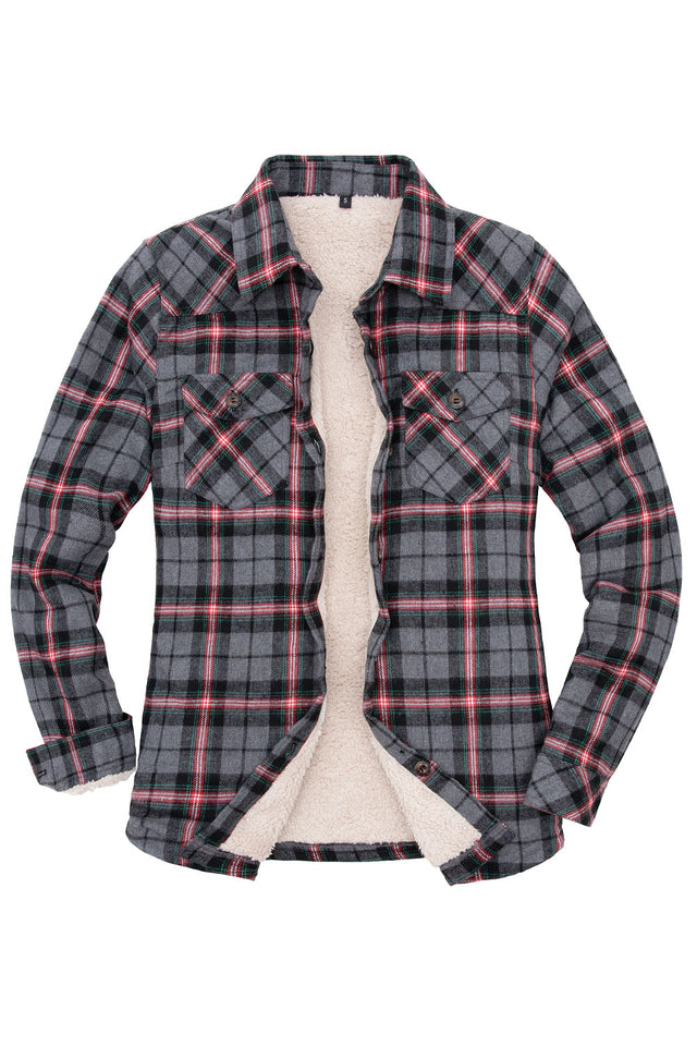 Front view of women's grey winter sherpa-lined plaid flannel shirt jacket