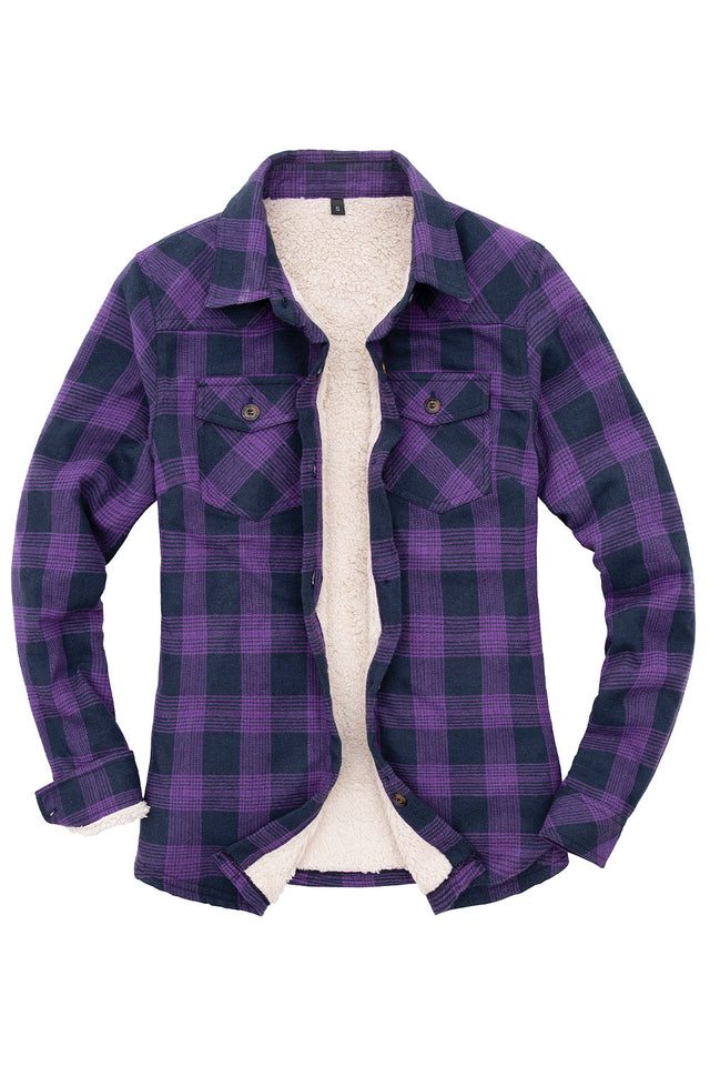 Front view of women's purple long-sleeves flannel jacket with sherpa lined