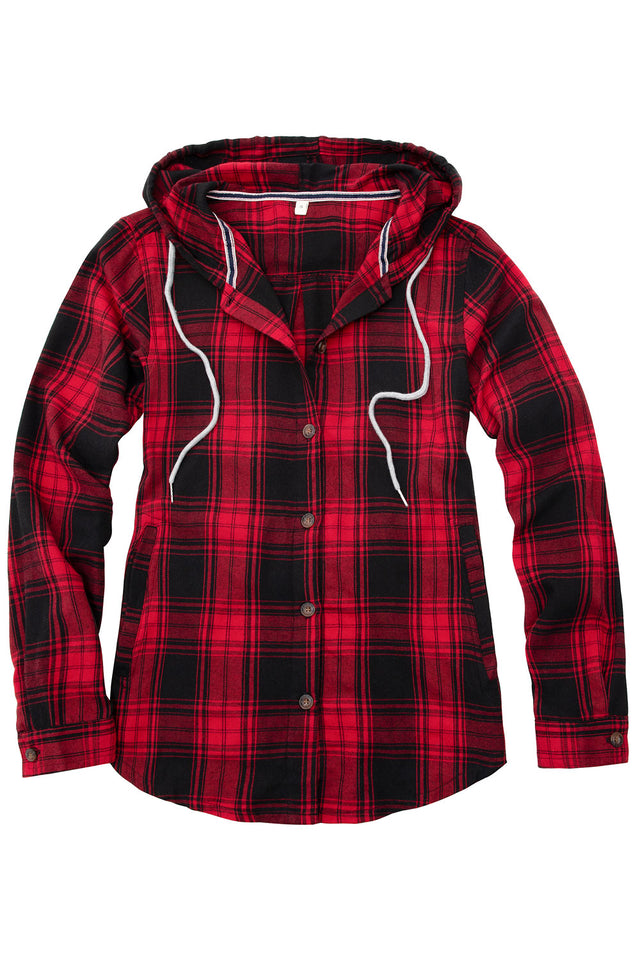 Front view of women's red plaid flannel hooded with button up