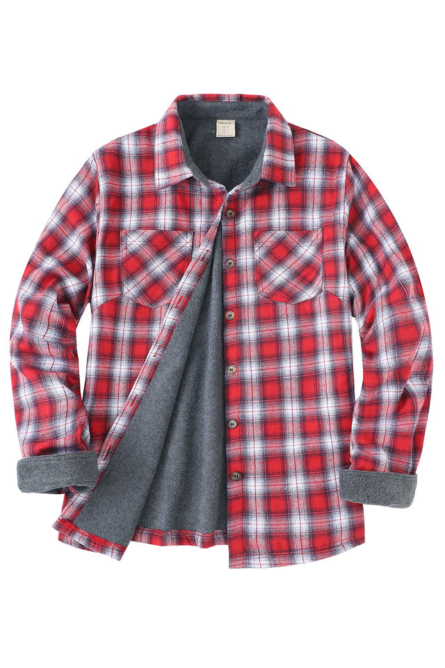 Front view of women's red white winter warm fleece-lined plaid shacket
