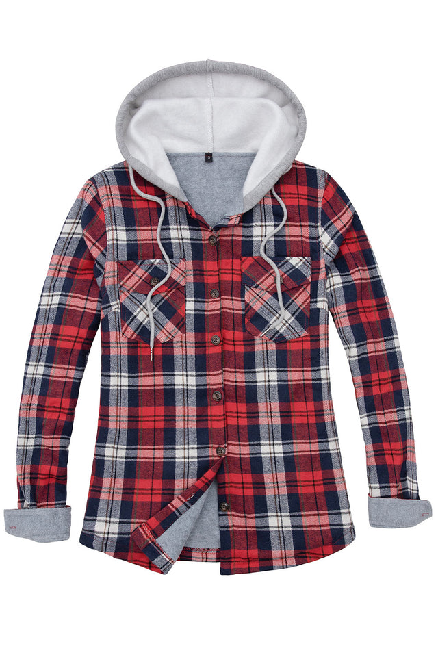 Front view of women's red black fleece lined plaid flannel hooded