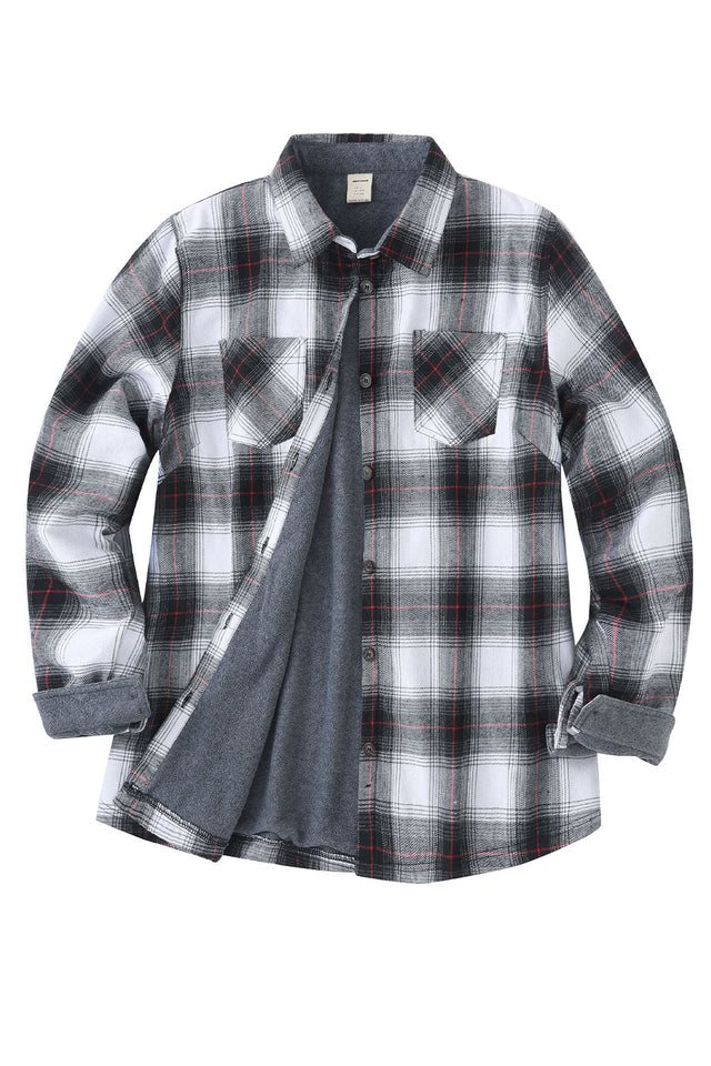Front view of women's white black button-down flannel shirt with fleece lined