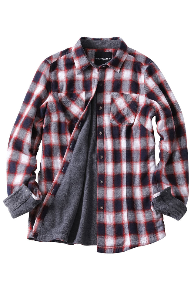 Front view of women's wine white cozy fleece-lined flannel shirt jacket