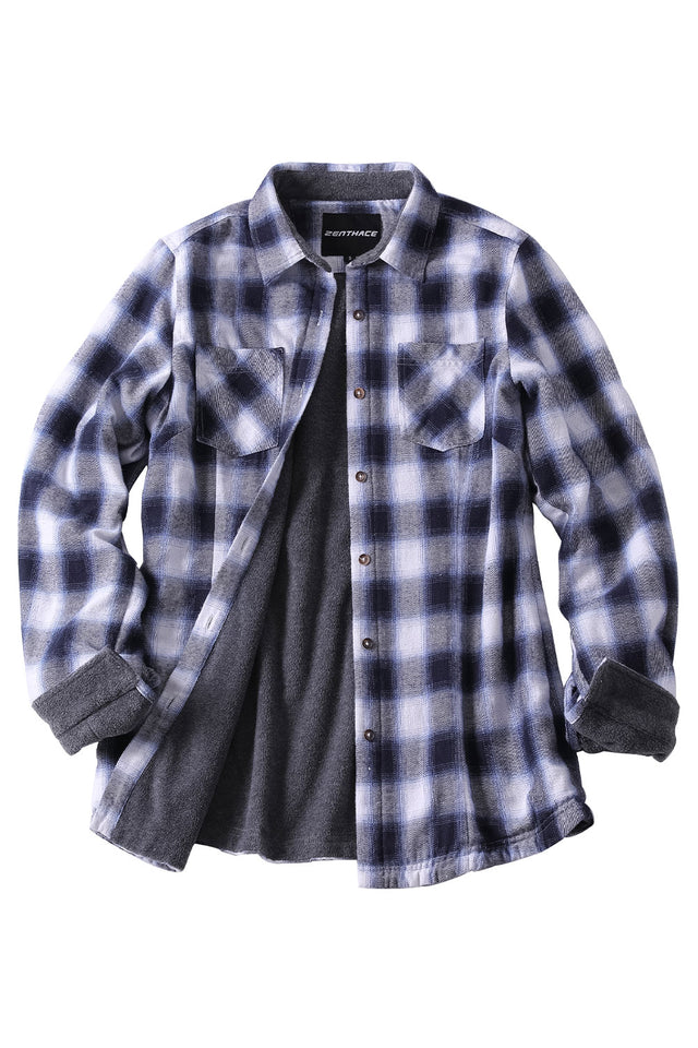 Front view of womens blue white winter flannel shacket with fleece lined