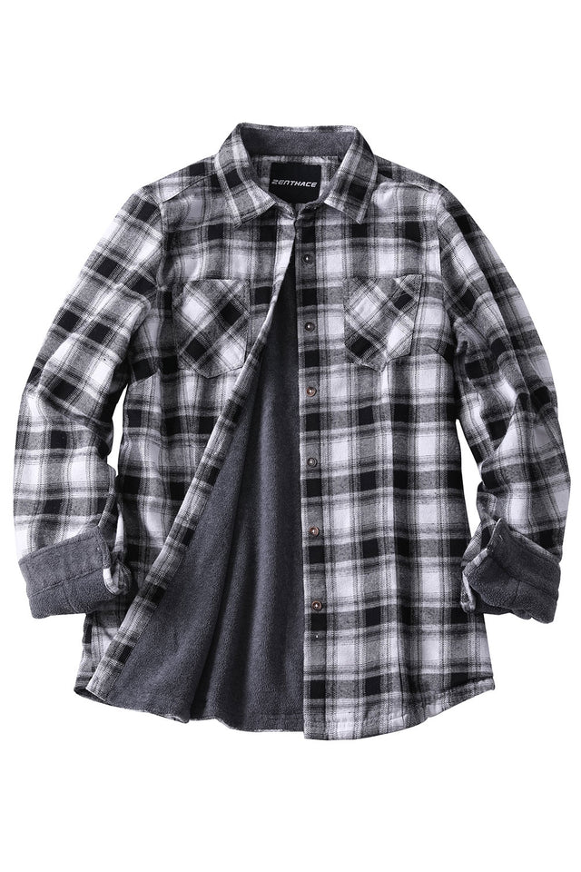 Front view of womens gray white warm fleece-lined plaid shirt jacket
