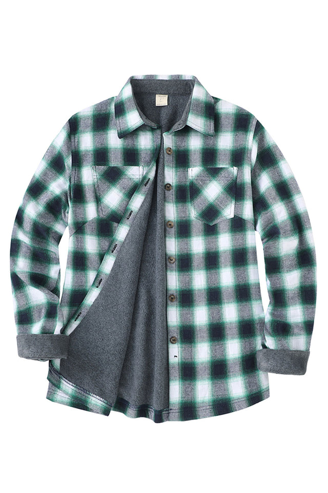 Front view of womens green plaid fleece-lined flanenl plaid shirt jacket