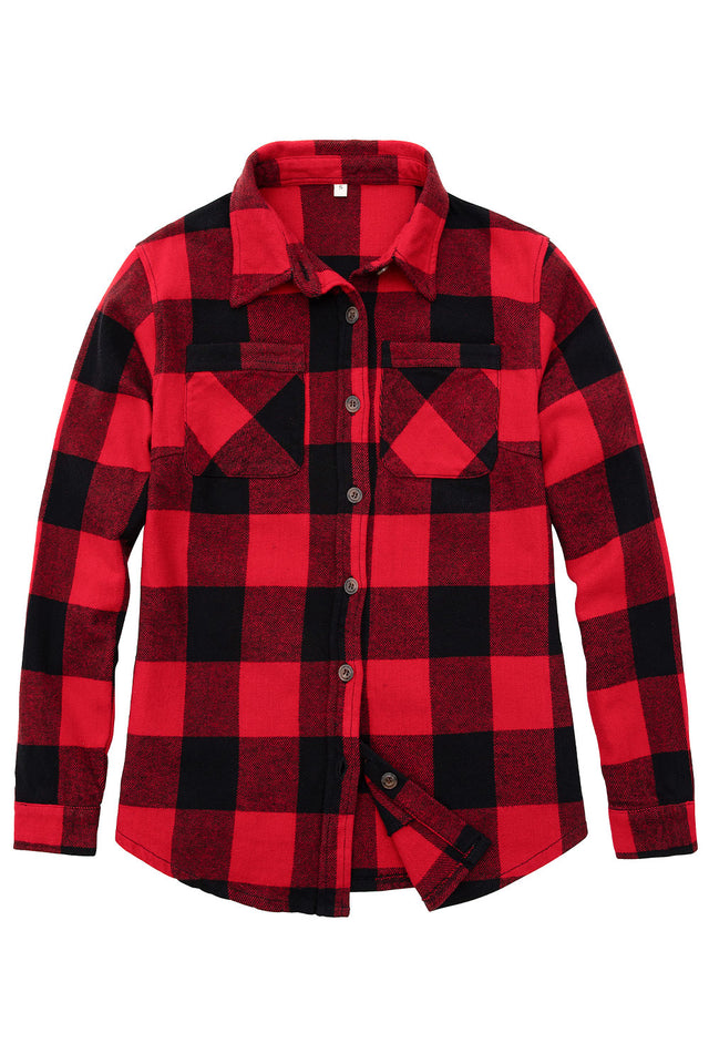 Front view of womens red button-down heavyweight soft plaid flannel shirt