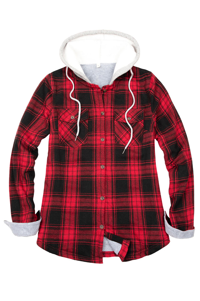 Front view of womens red fleece-lined flannel plaid hooded jacket