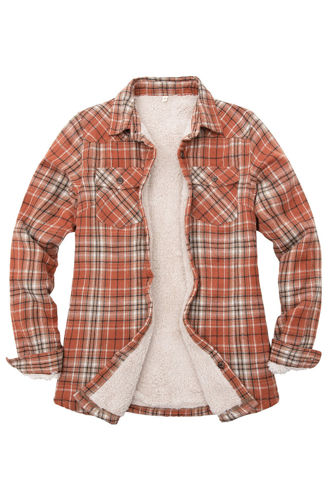 Front view of womens sherpa lined brown plaid flannel shacket with button down