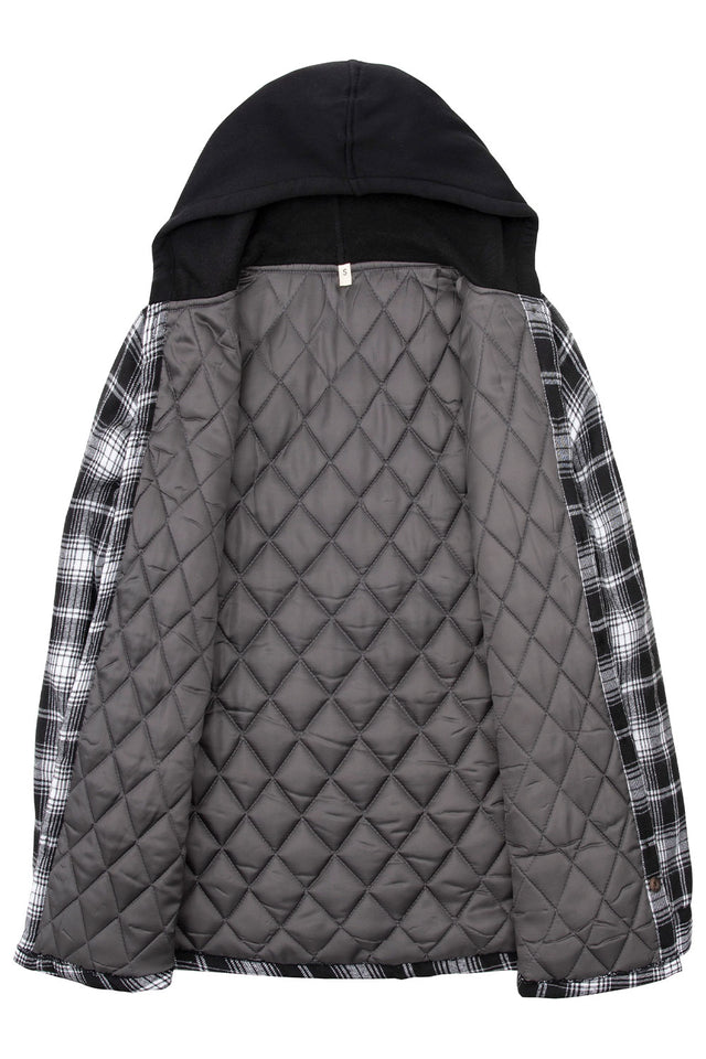 Open view of a women white and black winter quilted lined plaid hooded