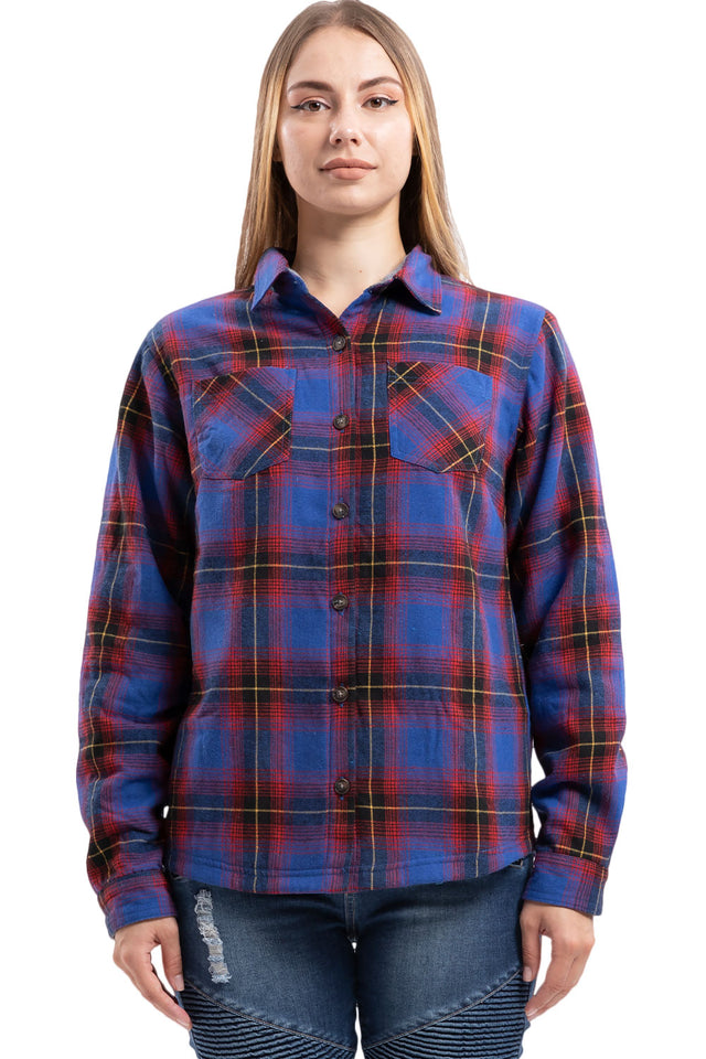 Women in a blue plaid winter fleece-lined plaid shirt jacket