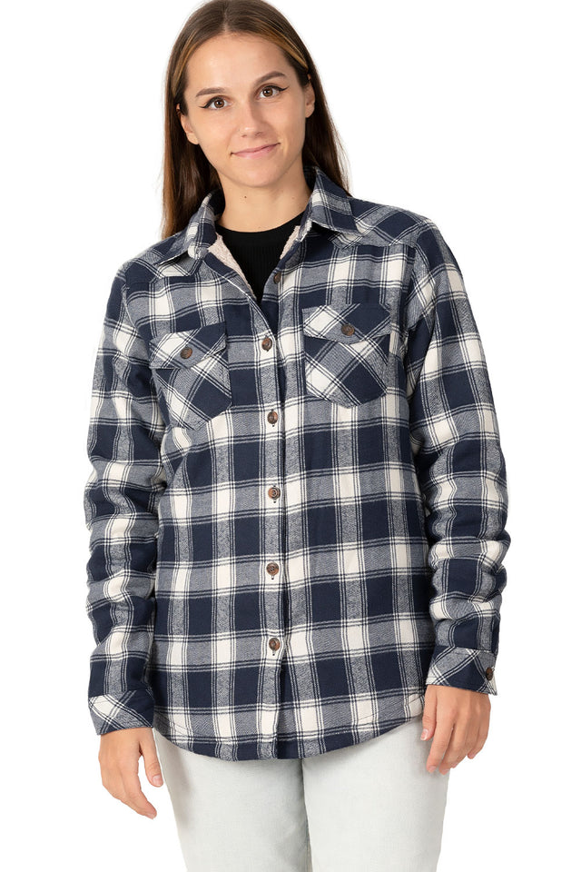 Women in a navy blue flannel jacket with sherpa lining