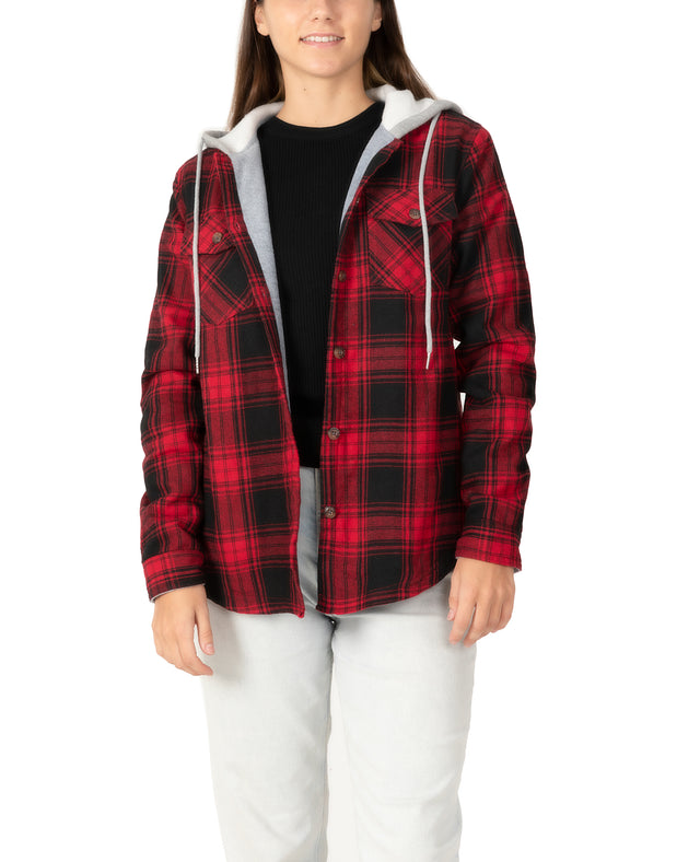 Women's red long sleeves fleece-lined plaid flannel hooded