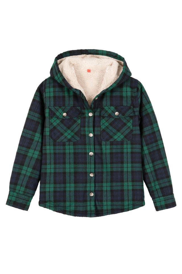 Front view of boys green black flannel shirt jacket
