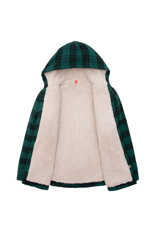 Detailed view of geen flannel jacket with cozy lining
