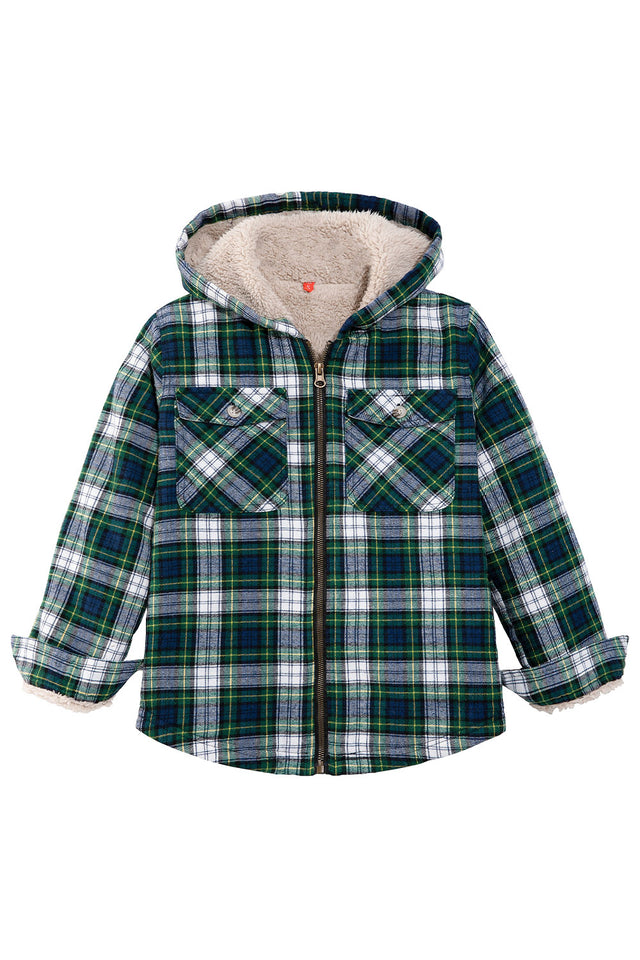 Front view of girls green full zip flannel jacket