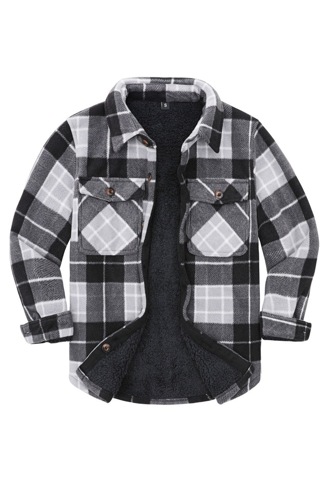 Front view of boys black/grey buffalo plaid shirt jacket