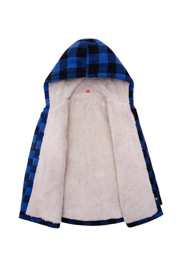 Detailed view of the lining on a boys buffalo blue plaid shirt