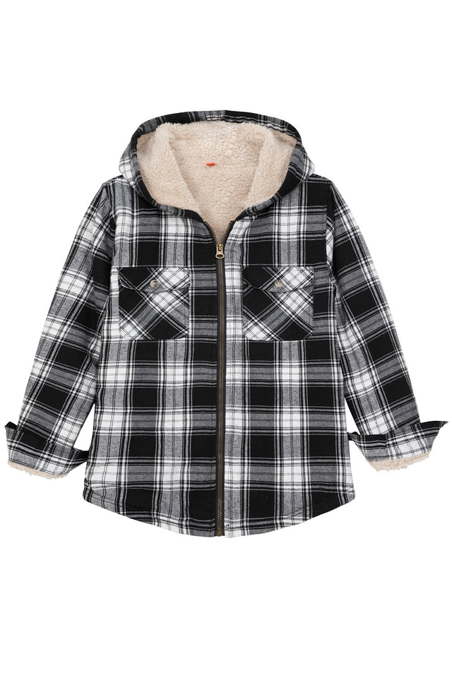 Front view of boys classic black white sherpa fleece flannel jacket