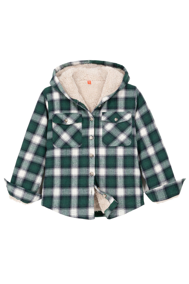 Front view of boys green white flannel jacket