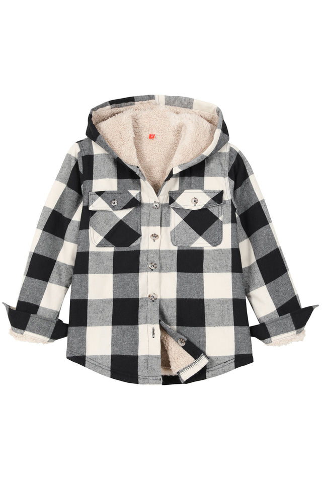Front view of boys black beige flannel jacket for ourdoor