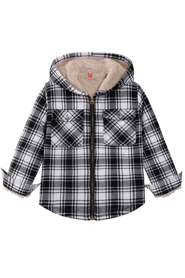 Front view of boys black white flannel jacket