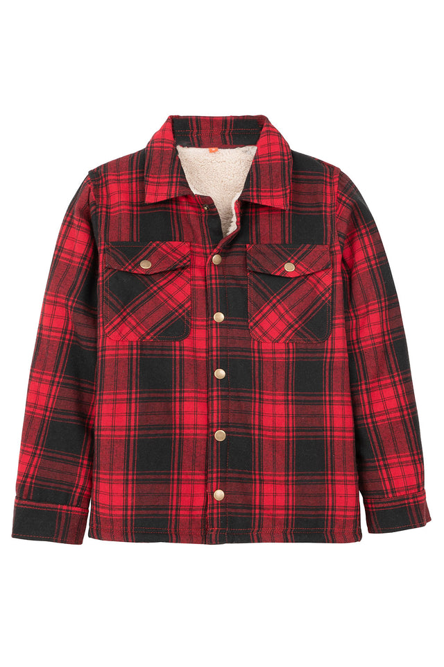 Front view of red toddler sherpa lined snap flannel plaid shacket