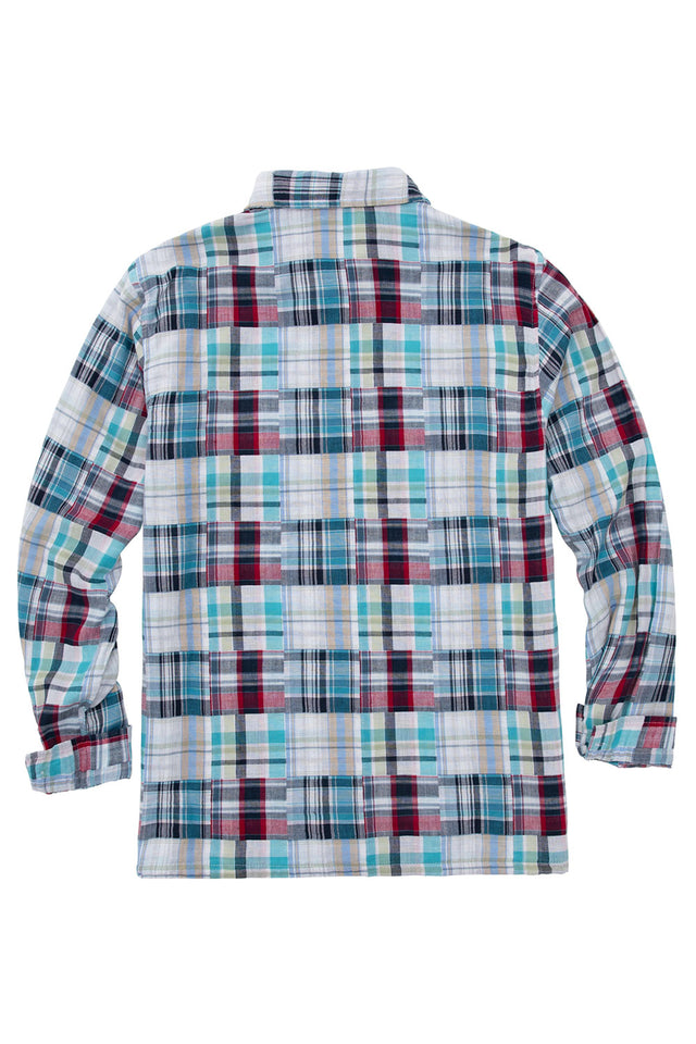 Back view of men's blue breathable cotton patchwork Shirt