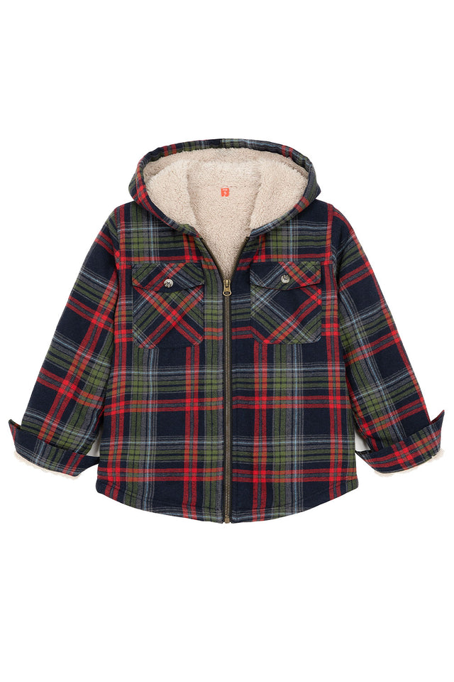 Front view of boys tartan navy flannel jacket