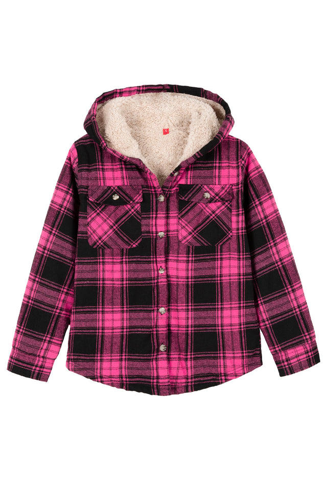 Front view of girls pink sherpa lined flannel shirt jacket