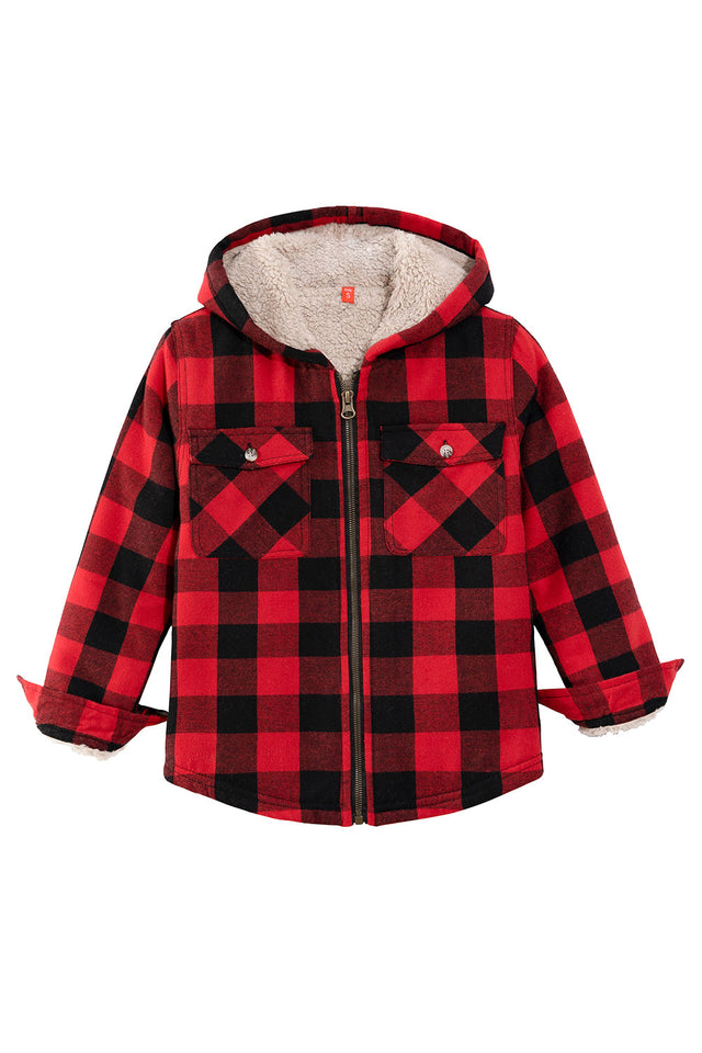 Front view of girls red smooth zip flannel jacket