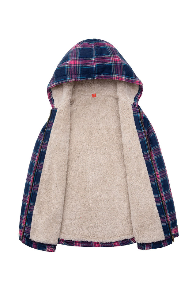 Detail of girls navy pink hooded flannel jacket with sherpa lining