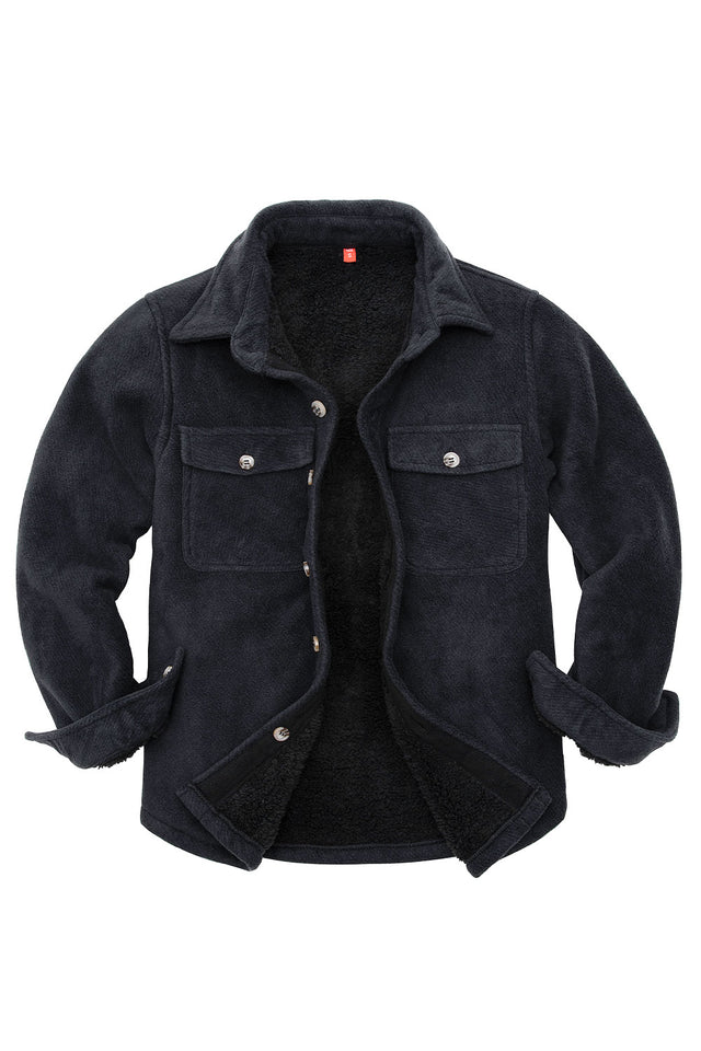 Front view of boys black buffalo plaid shirt jacket