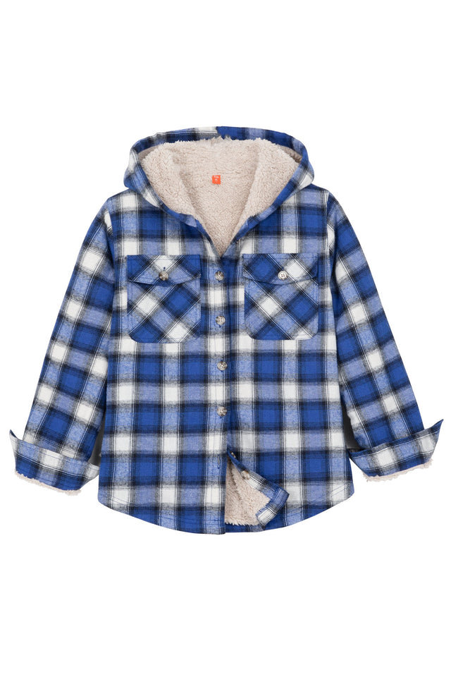 Front view of boys bright blue flannel jacket