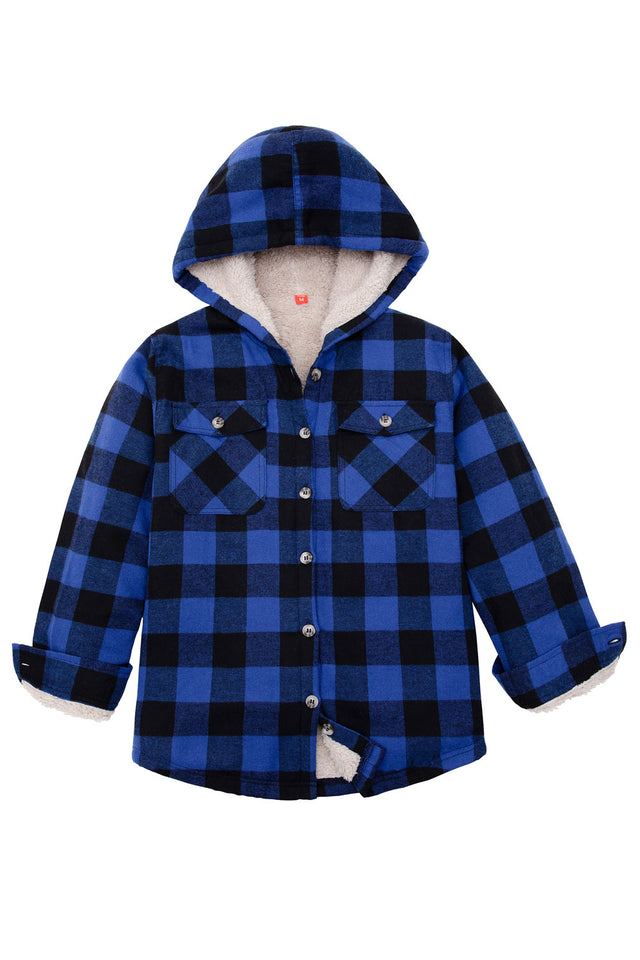 Front view of boys buffalo blue flannel shirt jacket