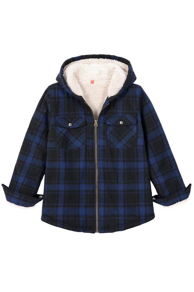 Front view of boys night blue flannel jacket