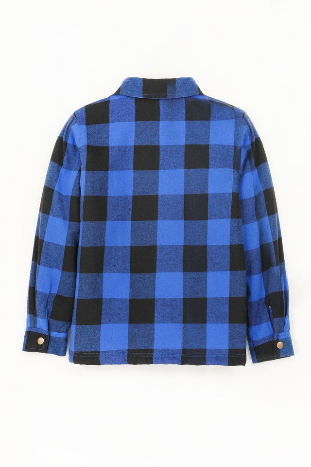 Back view of checkered blue toddler sherpa lined flannel plaid shacket